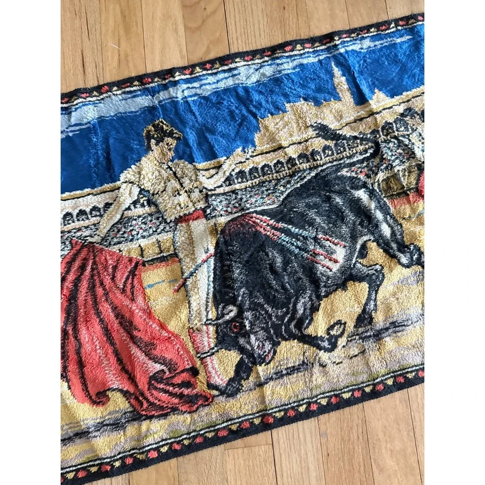 Vintage Spanish Bullfighting Tapestry Matador Woven Wall Hanging Blue Gold Red